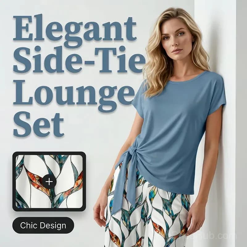 Women's Side-Tie Top & Patterned Pants Set, Light Blue, S (UK 8) - View 2