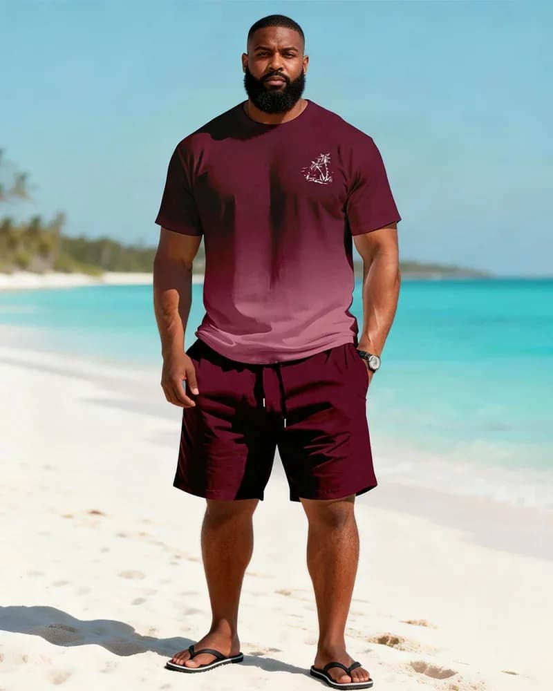 Big & Tall Men's Wine Red Gradient Coconut Print Tee & Shorts Set - View 2
