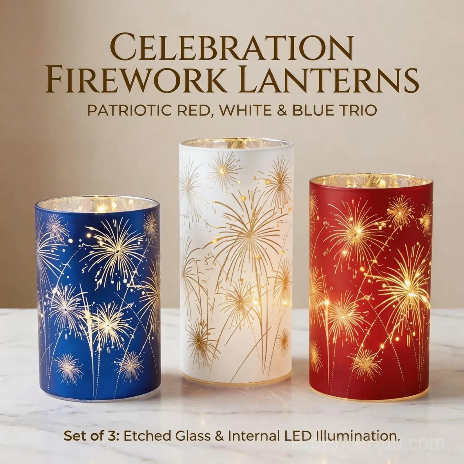 Patriotic Red, White & Blue Firework Lanterns - Premium Trio Set - Alt