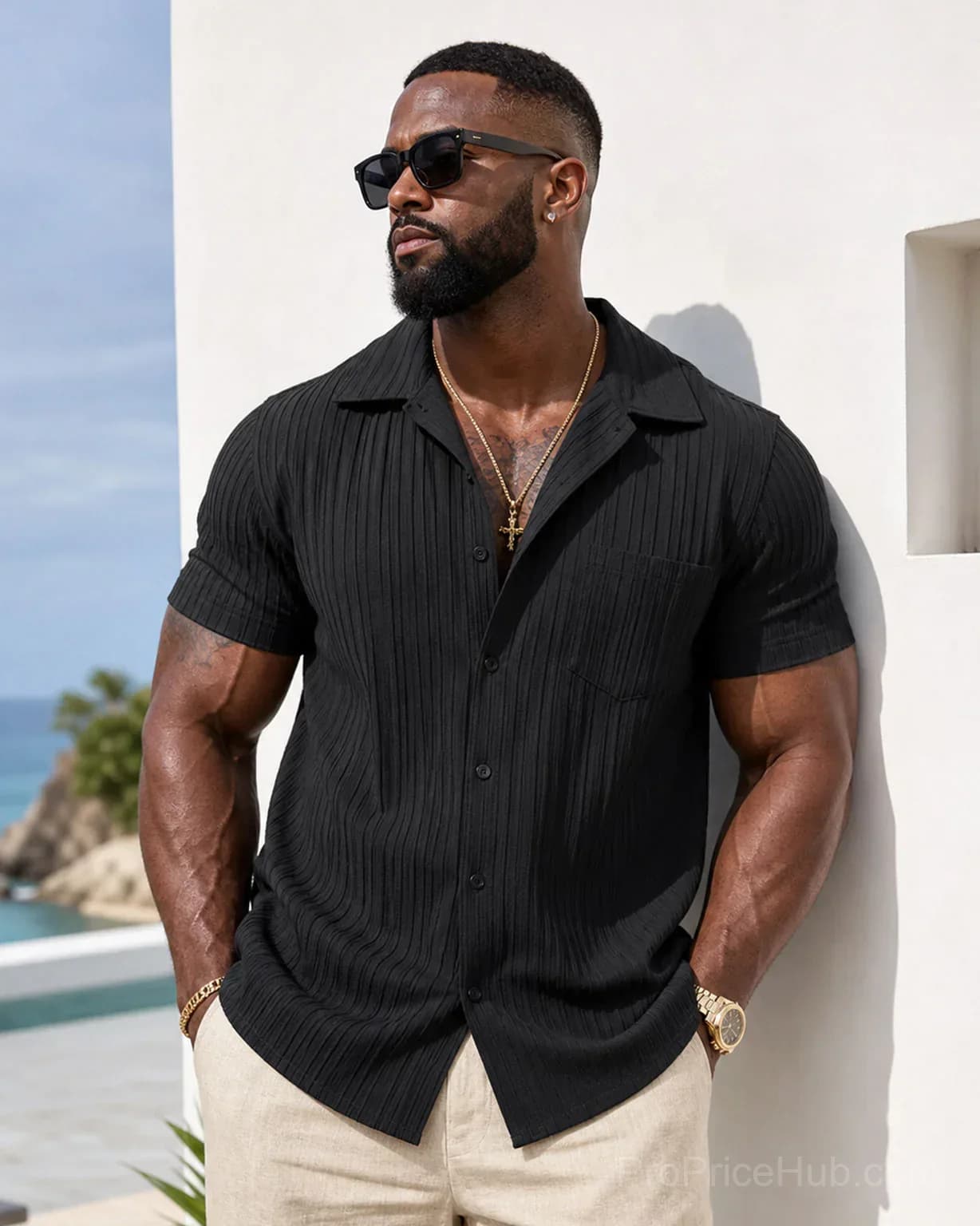 Men's Striped Jacquard Textured Short Sleeve Summer Beach Shirt - Alt