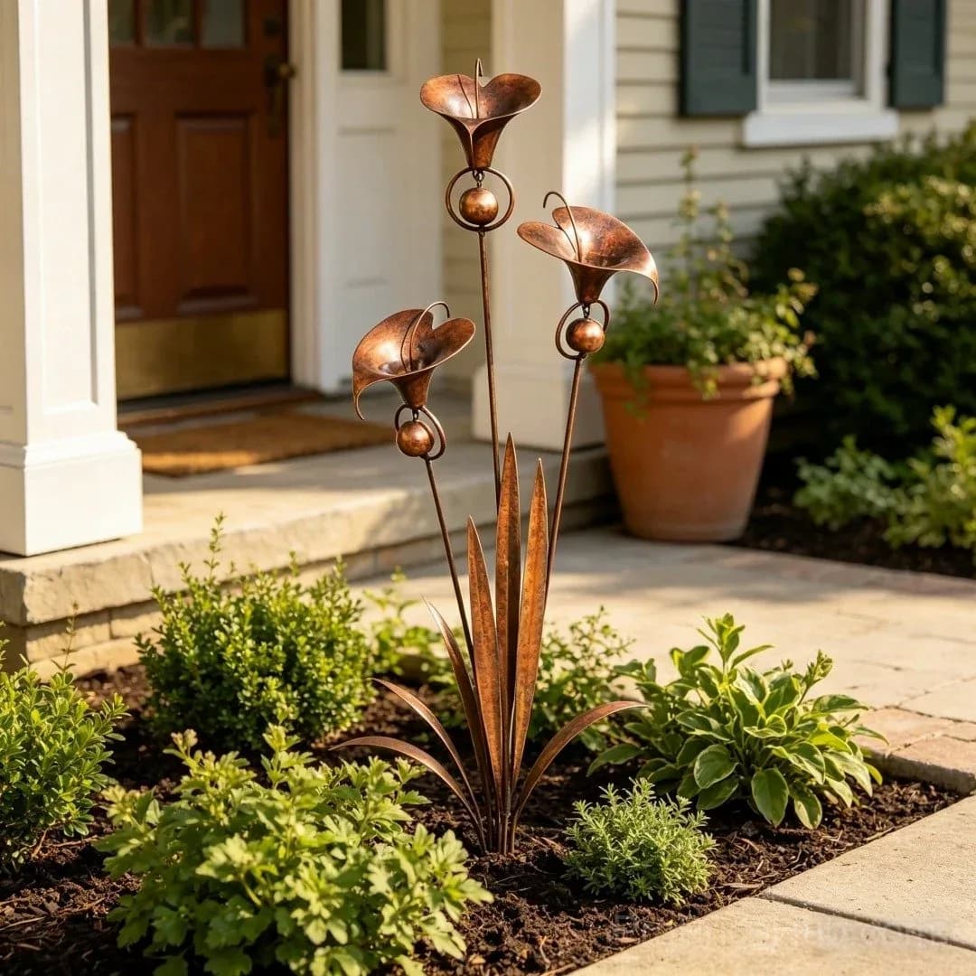 Flamed Copper Three Calla Lilies Garden Stake with Bells - Main
