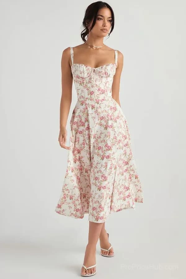 Red Floral Print Bustier Sundress, Size S - View 6