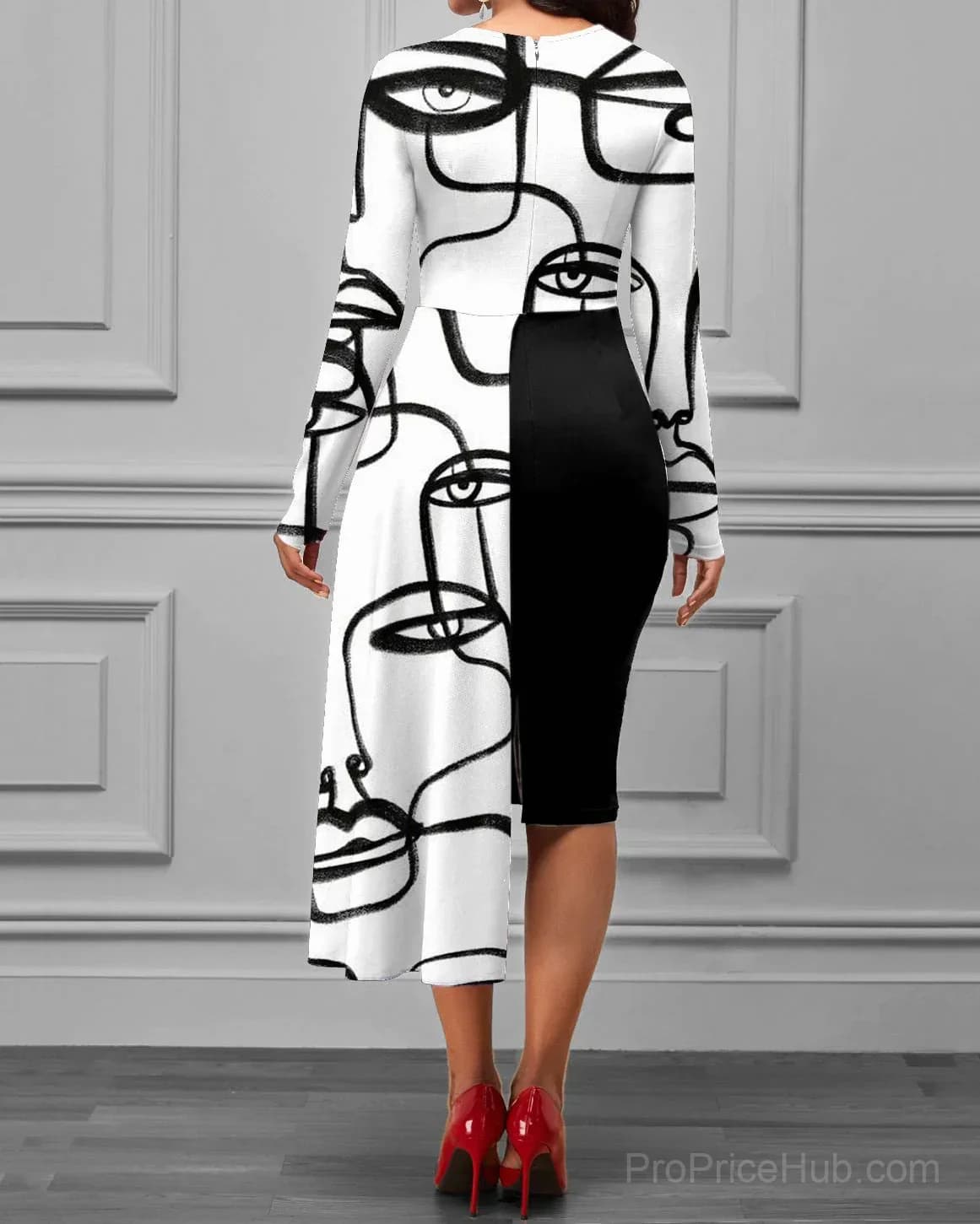 Crew Neck Long Sleeve Asymmetrical Hem Face Print Dress - Alt