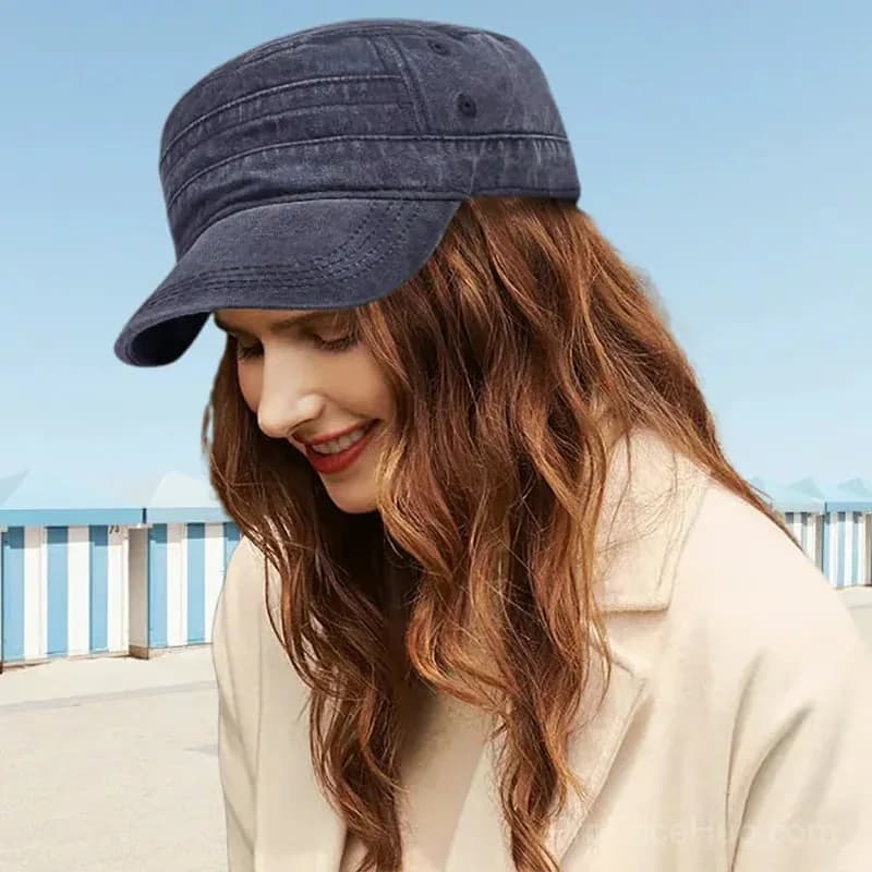 Khaki Distressed Flat-Top Duckbill Cap, Breathable Hat - View 4