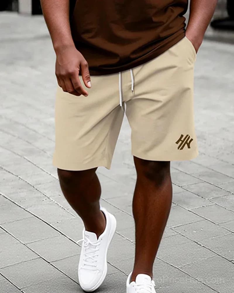 Big & Tall Men's Dark Brown Letter Print T-Shirt & Shorts Set - View 3