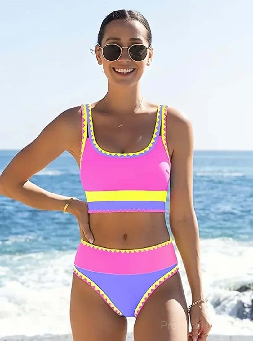 Color Contrast Patchwork Nylon 3-Piece Bikini Set - View 8