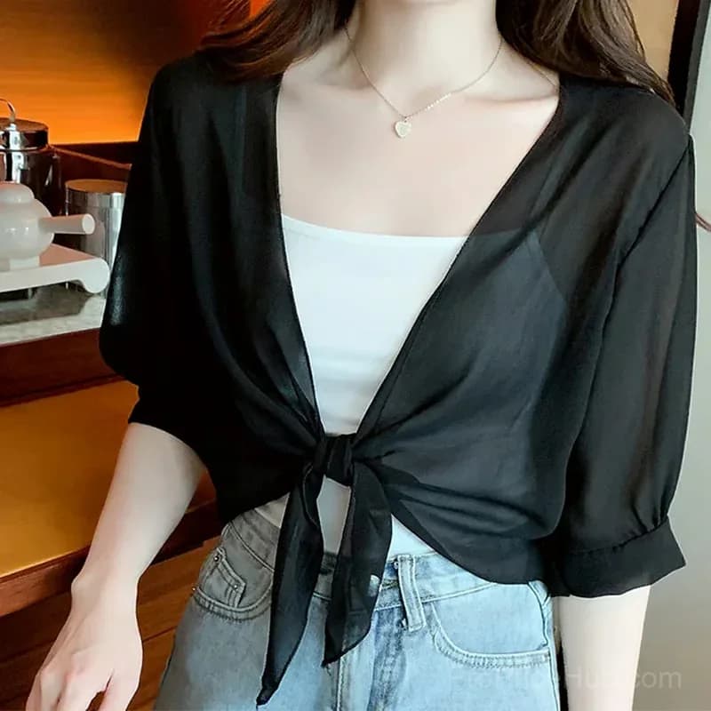 Women's Sheer Chiffon Tie-Front Cropped Top, Black, S - View 8