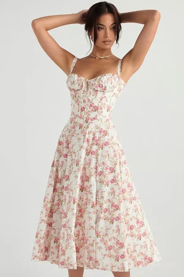 Red Floral Print Bustier Sundress, Size S - View 4