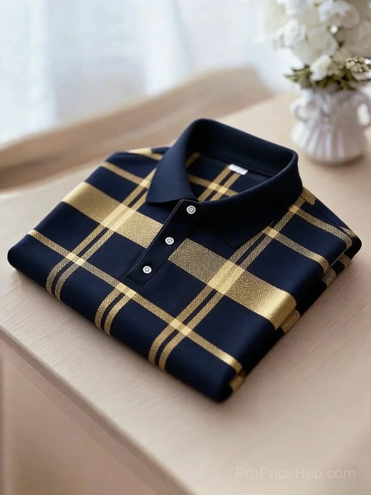 Men's Black and Yellow Plaid Short Sleeve Polo Shirt - View 6
