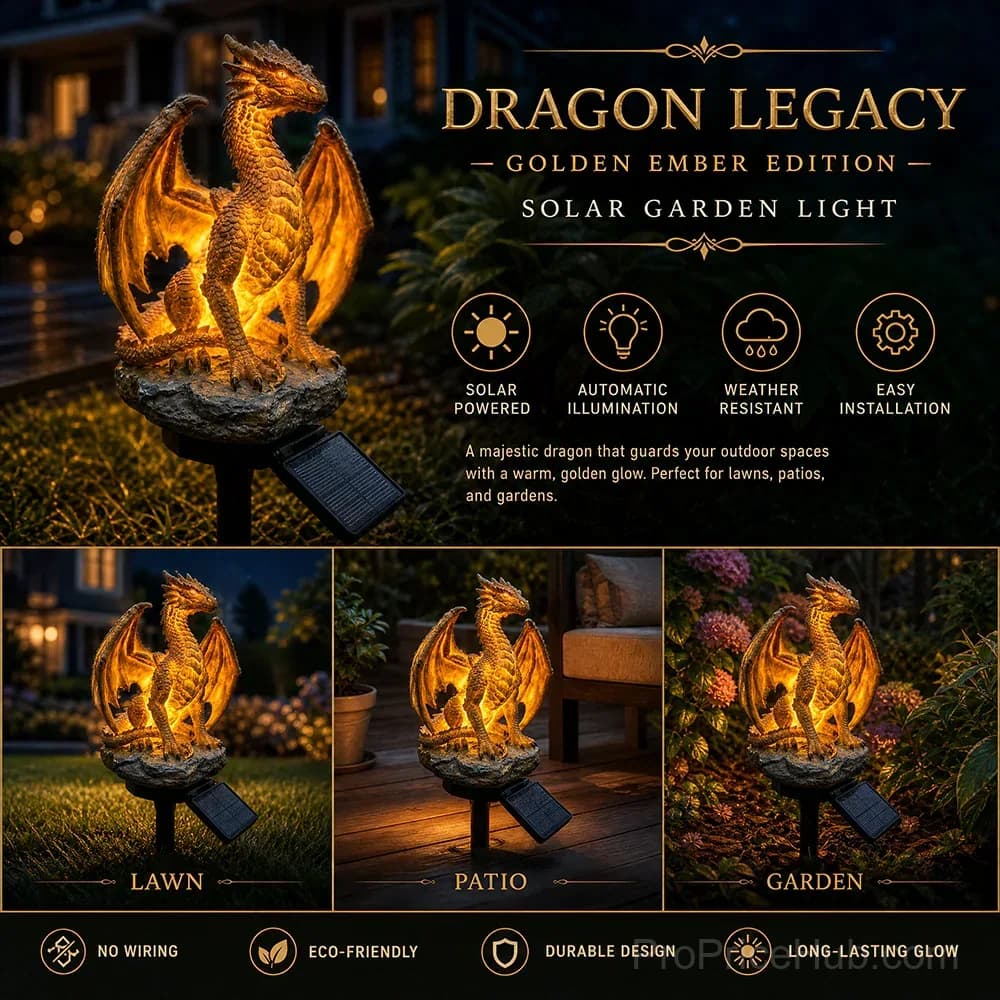 Gothic Dragon Golden Fire Solar Landscape Light - View 3