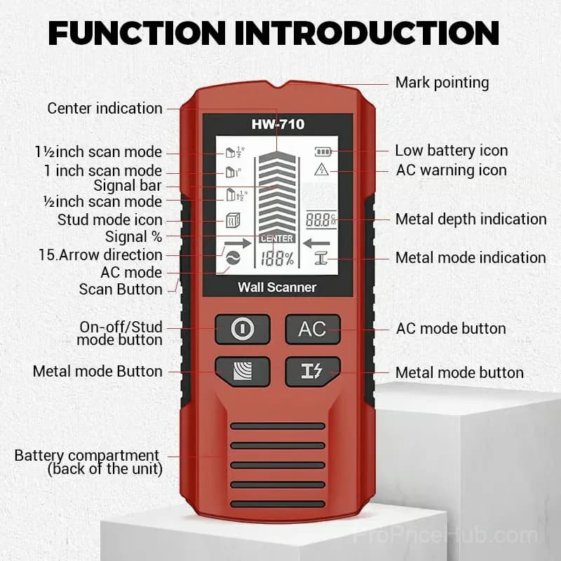 6-in-1 Handheld Wall Metal Detector with HD LCD Display, Yellow - View 8