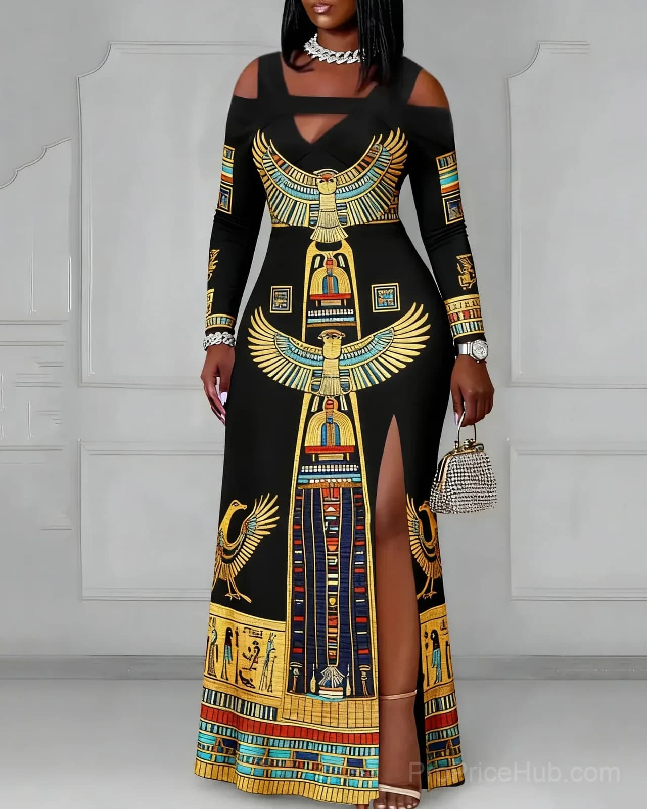 Black Off-Shoulder V-Neck Long Sleeve Bodycon Party Dress with Egyptian Print - Alt