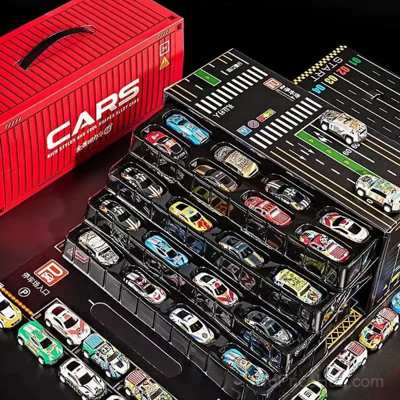 48-Piece Mini Pull-Back Toy Car Set with Garage, Red - Main