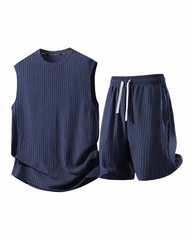 Men's Solid-Color Ribbed Sleeveless Vest & Shorts Set (S-8XL) - Main