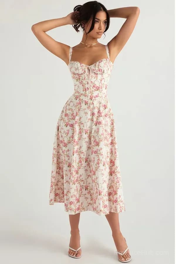 Red Floral Print Bustier Sundress, Size S - Alt