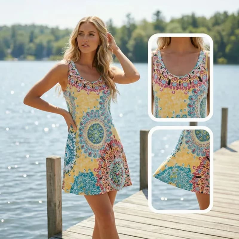 Yellow Sleeveless A-Line Printed Summer Dress, XL - View 4