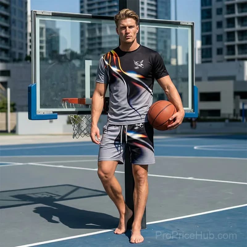 Men's Abstract Print T-Shirt & Shorts Set, Gray, Small - View 9
