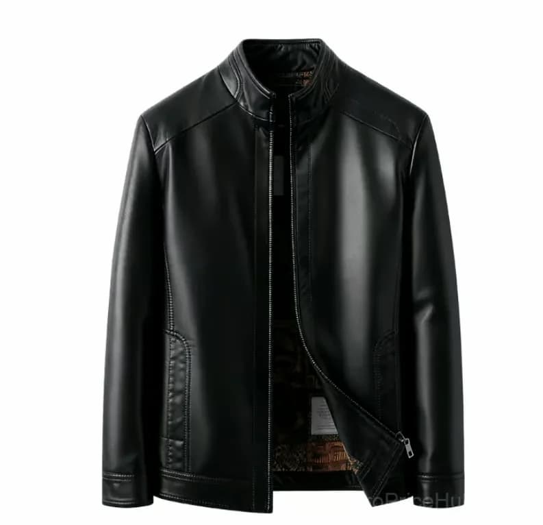 Men’s Black Leather Jacket with Warm Plush Lining, Size M - Main