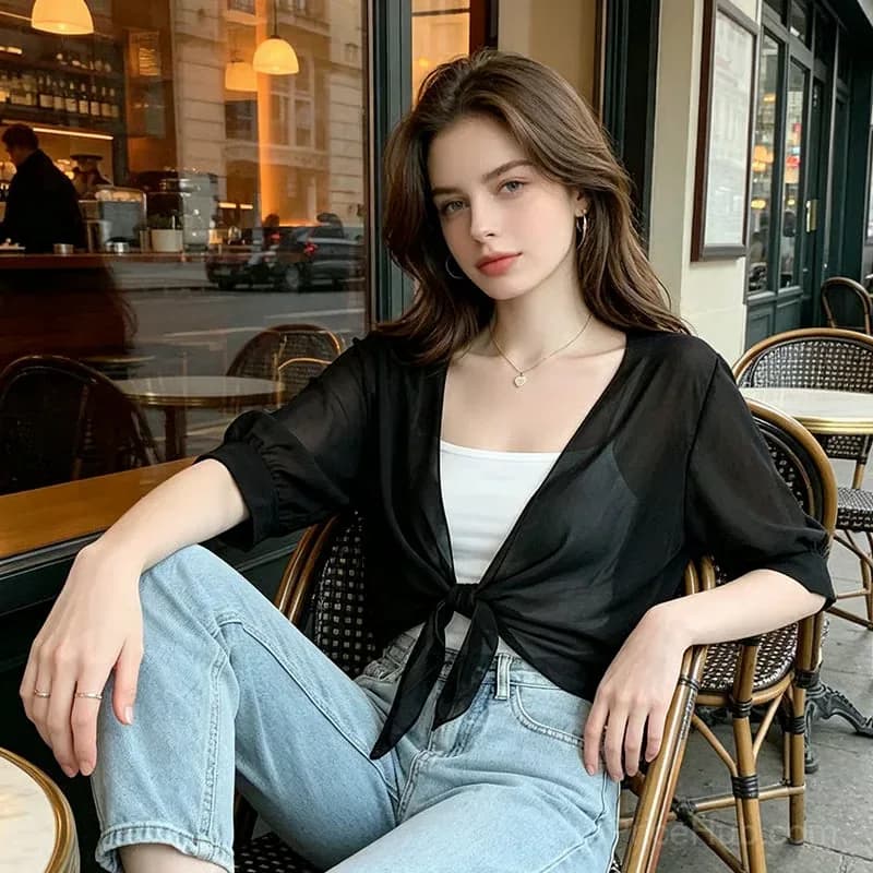 Women's Sheer Chiffon Tie-Front Cropped Top, Black, S - View 7
