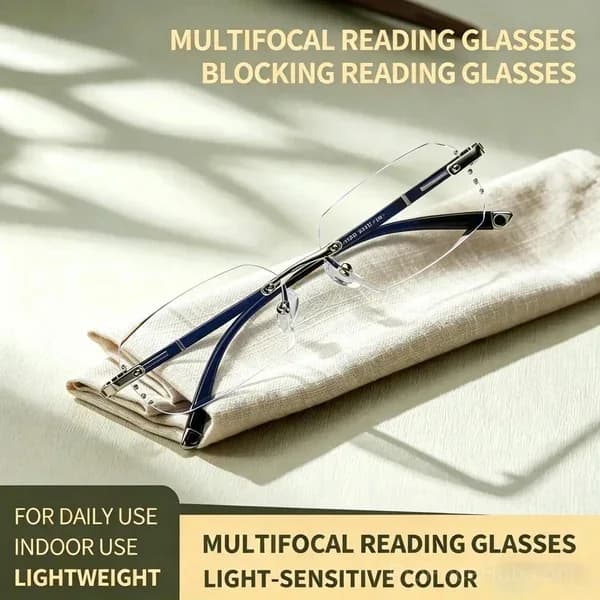 Diamond Edge Frameless Blue Light Blocking Reading Glasses, Lightweight Metal Temples - Main