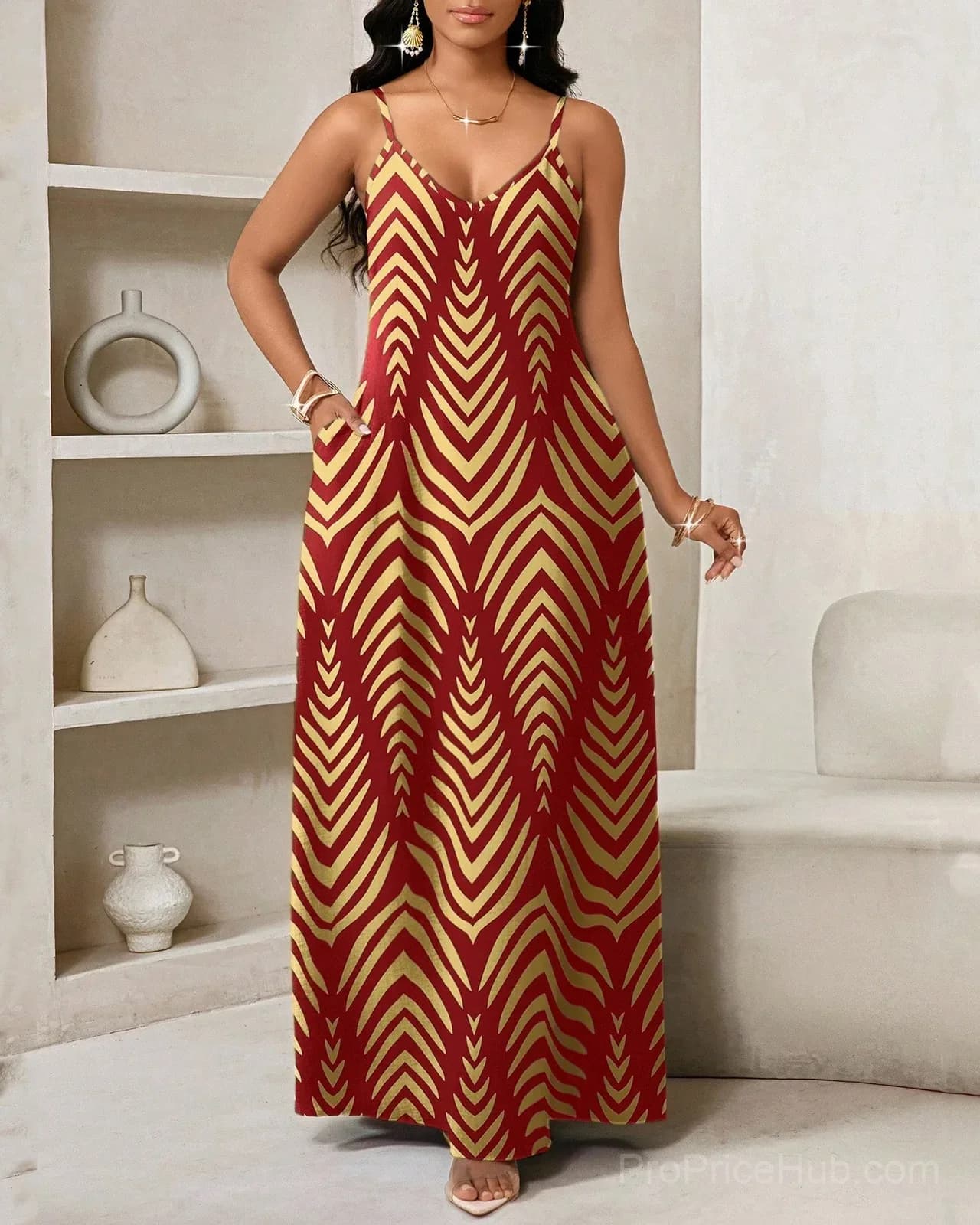 Women's Bohemian Striped Pocket Maxi Dress - View 3