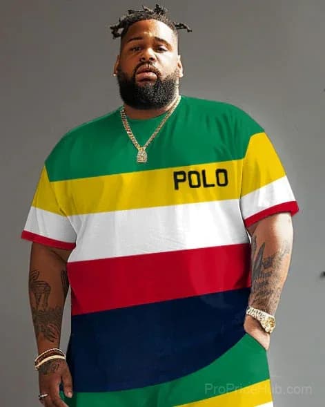 Big Guy's Polo Color Stripes T-Shirt and Shorts Set - View 15