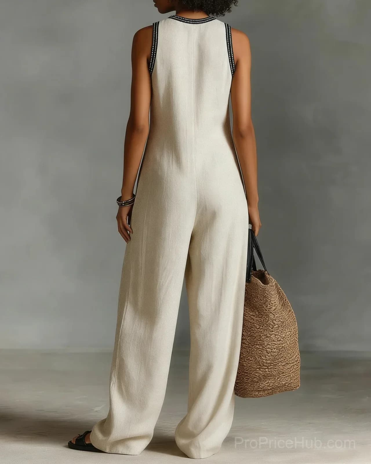 Women's Minimalist Linen Blend Sleeveless Jumpsuit with Stand Collar - Alt