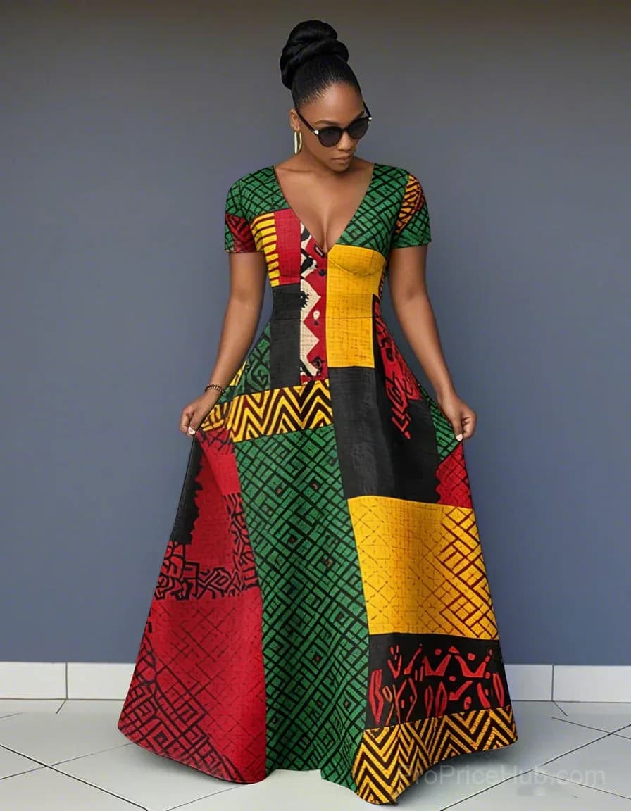 V-Neck Short Sleeve African Print Maxi Dress with Pockets - Main