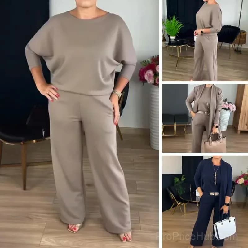 3-Piece Long Cardigan, Top and Pants Set, Brown, S - Alt