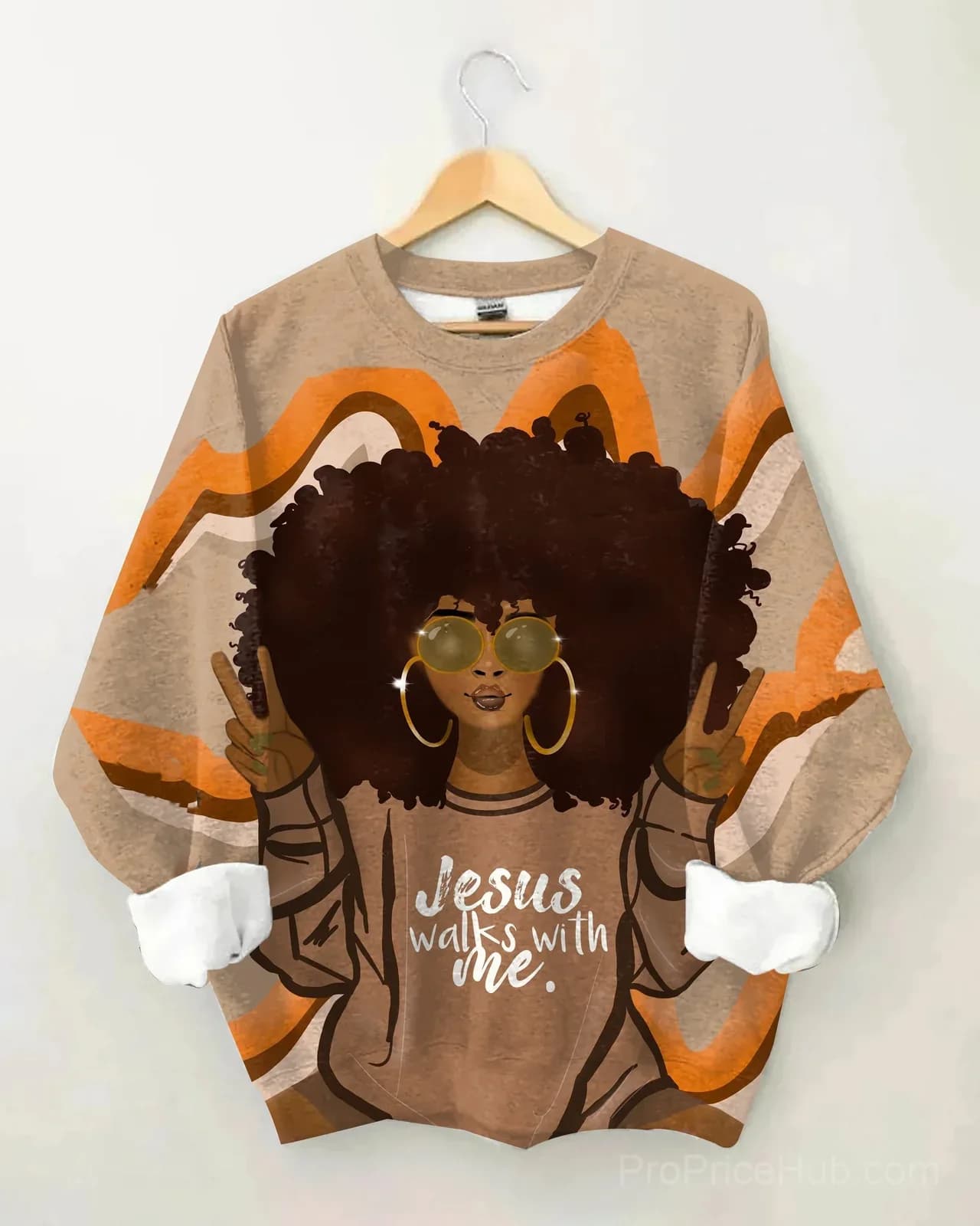 Afro Girl Jesus Walks with Me Long Sleeve Sweatshirt - Main