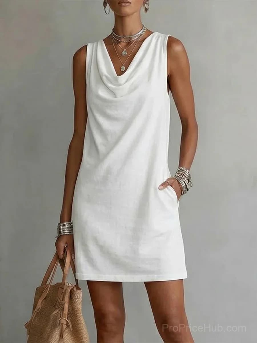 Sleeveless Cotton Dress with Draped Neckline - Main