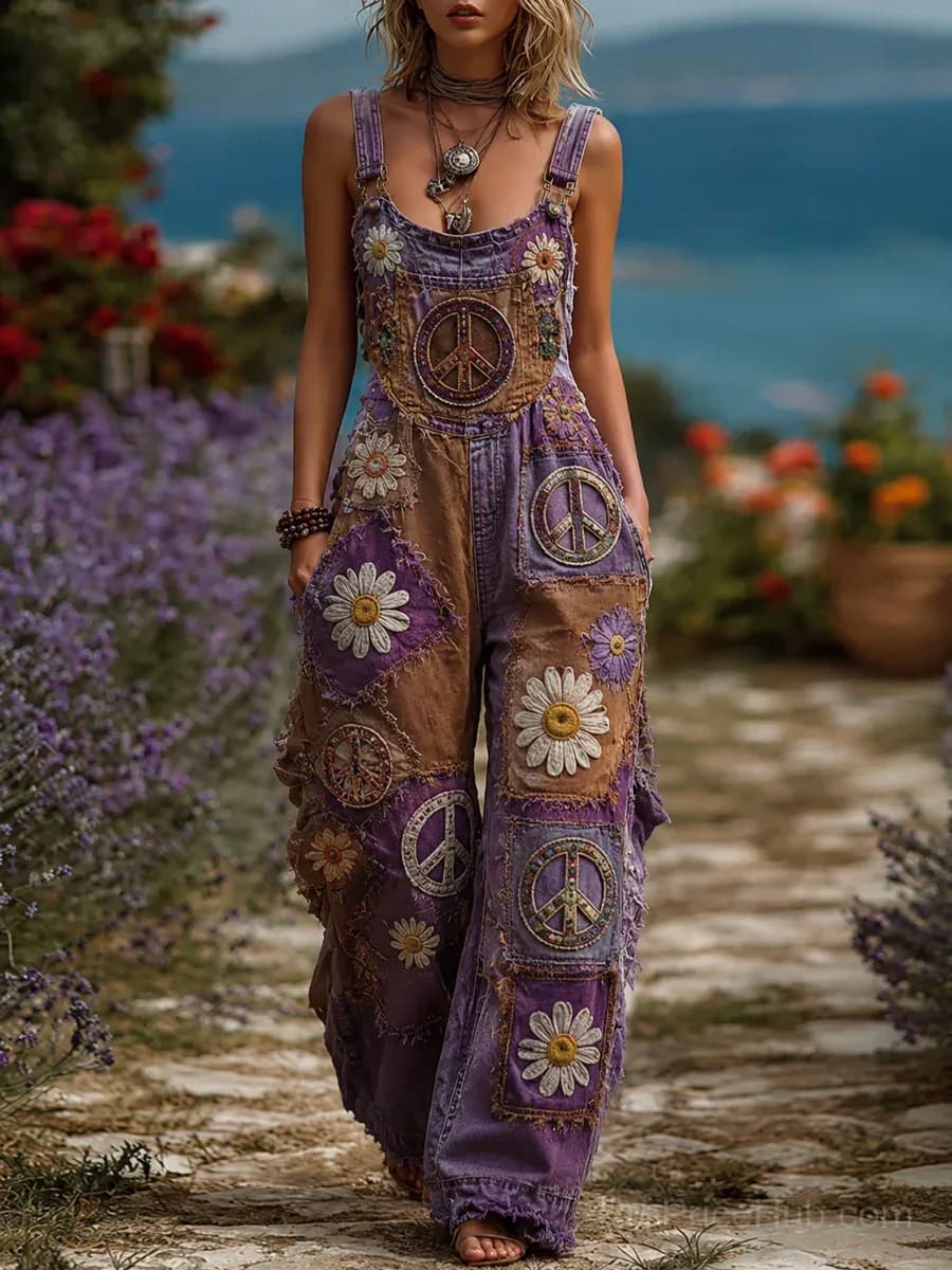 Women's Retro Style Art Print Washed Cotton Denim Patchwork Jumpsuit - Main