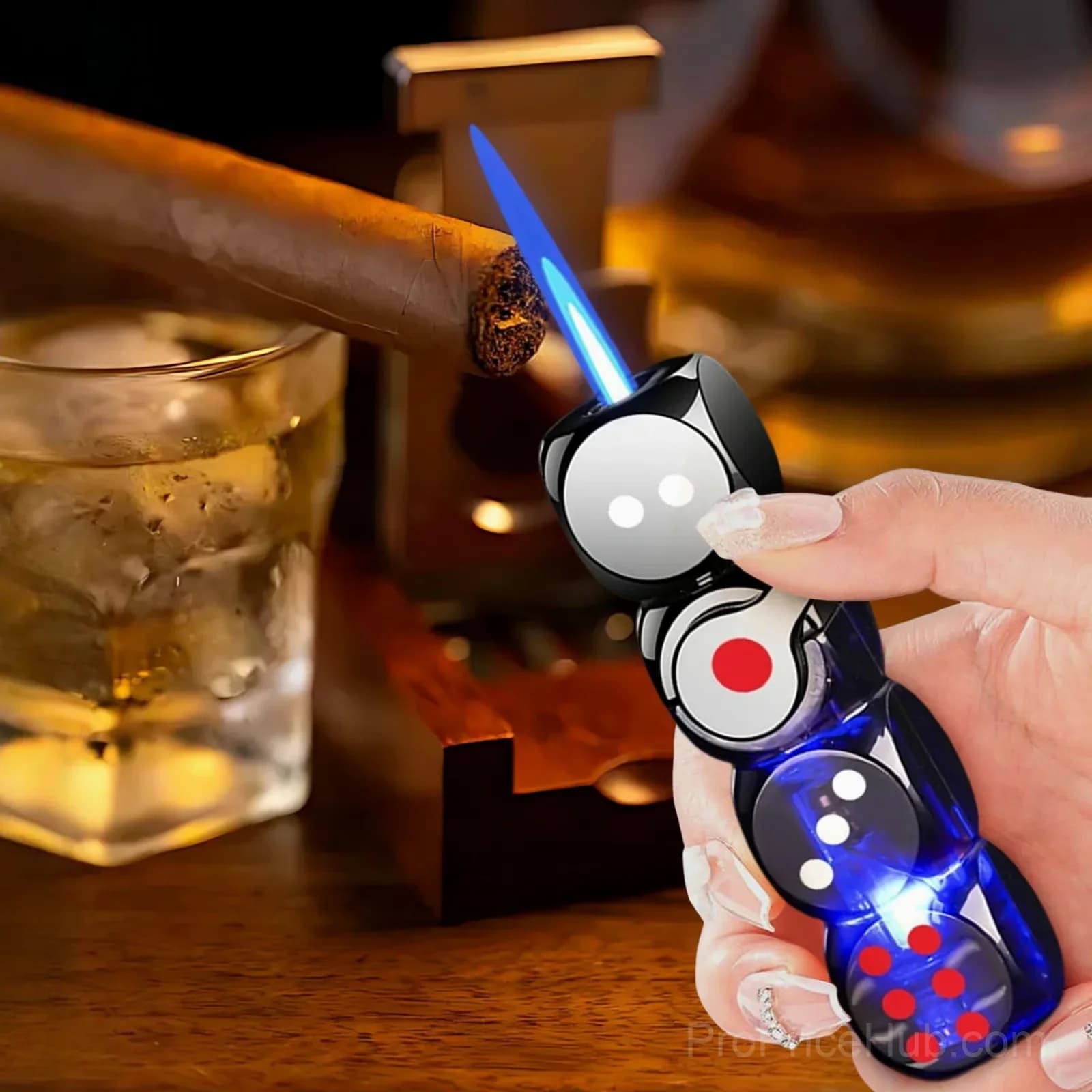 Purple 360° Spinning Dice Windproof Jet Flame Lighter with LED - Alt