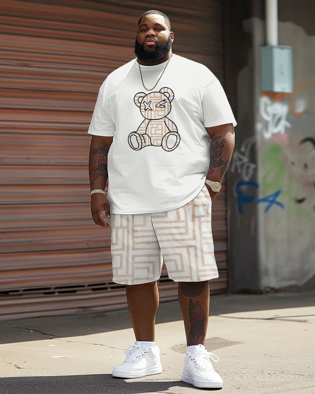 Men's Big & Tall Geometric Bear Print T-Shirt Shorts Set - Main