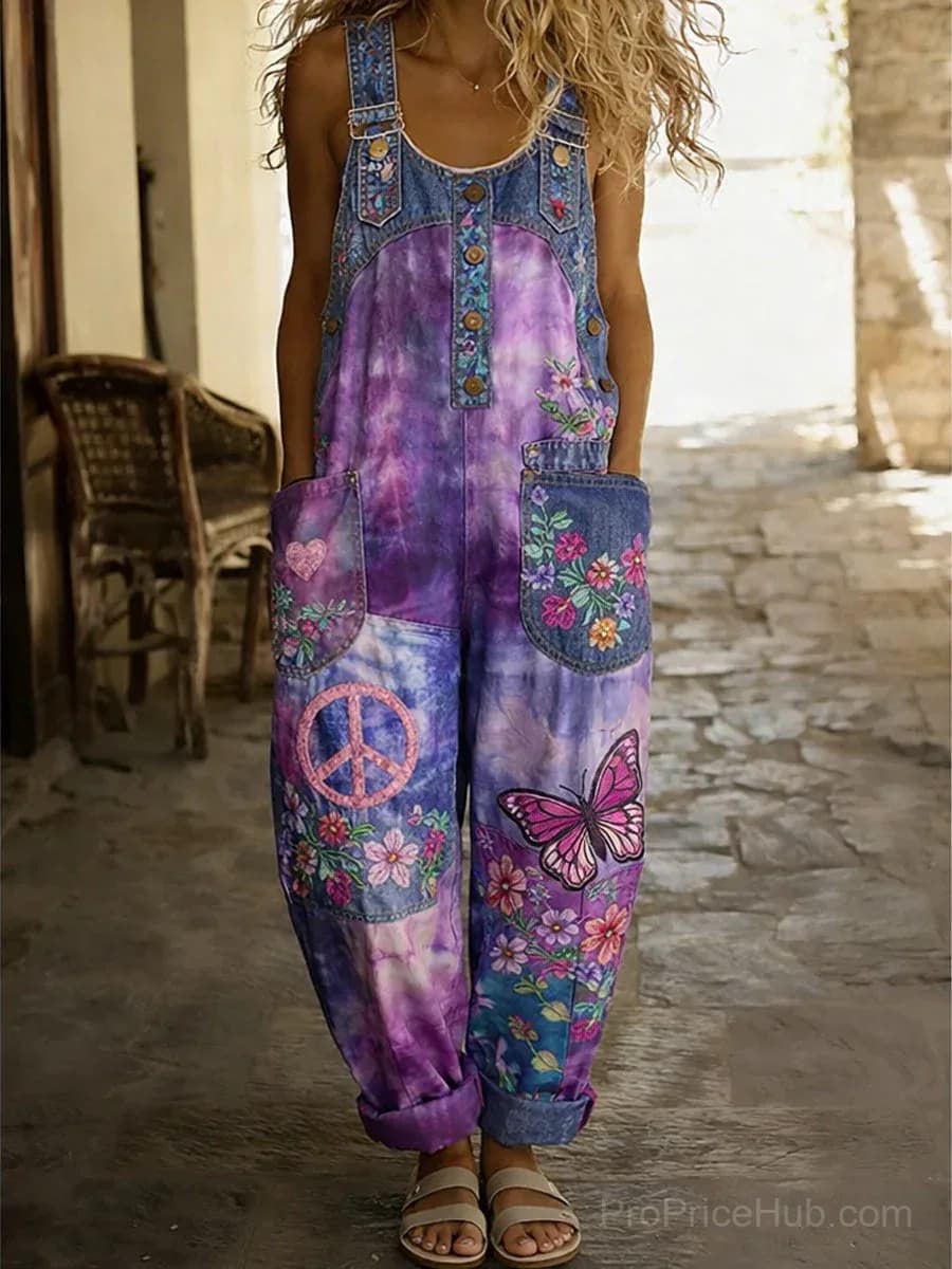 Women's Retro Washed Cotton Denim Patchwork Jumpsuit - Main