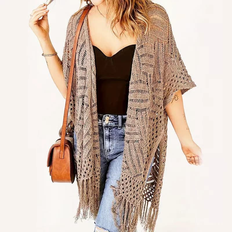 Women's Open-Front Knit Cover-Up, Khaki - Main