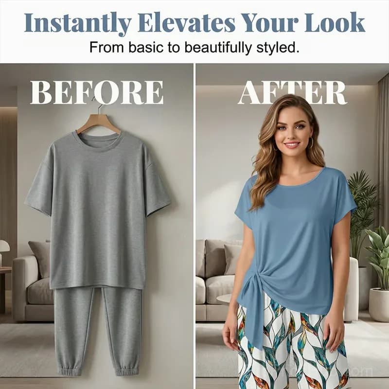 Women's Side-Tie Top & Patterned Pants Set, Light Blue, S (UK 8) - View 5