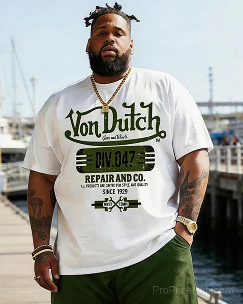 Big & Tall Men's Von Dutch Printed Round Neck T-Shirt & Shorts Set - Alt
