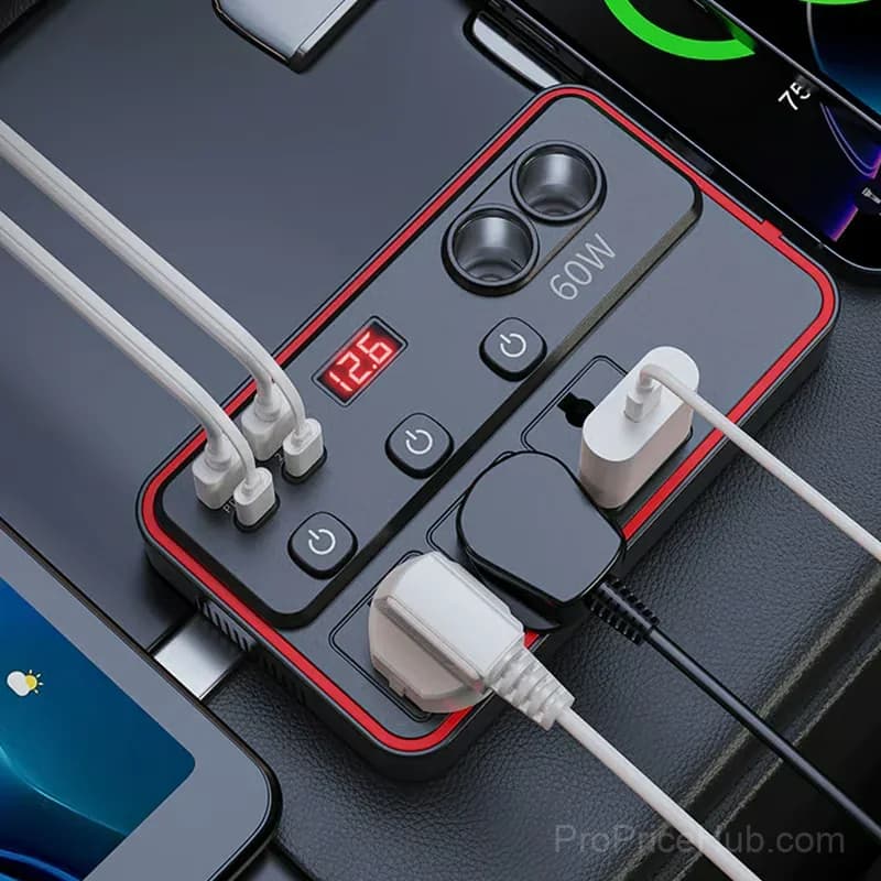 Multifunctional Car Charger with AC Outlets and USB Ports - View 3