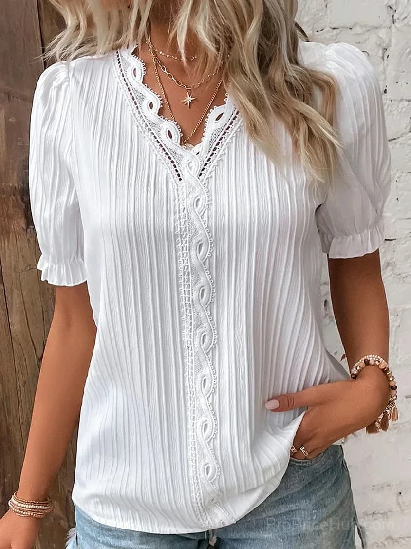 Elegant V-Neck Lace Blouse, White, Size S - Main