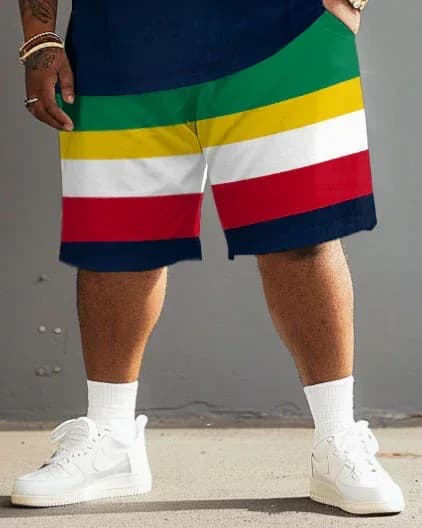 Big Guy's Polo Color Stripes T-Shirt and Shorts Set - View 4