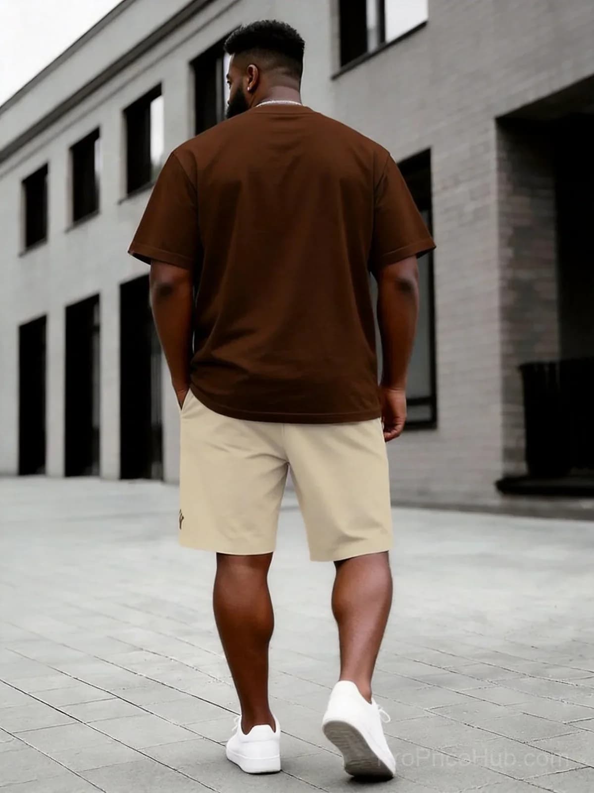 Big & Tall Men's Dark Brown Letter Print T-Shirt & Shorts Set - View 13