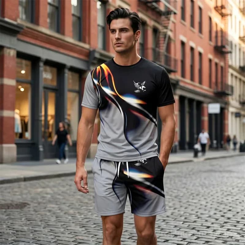 Men's Abstract Print T-Shirt & Shorts Set, Gray, Small - View 8