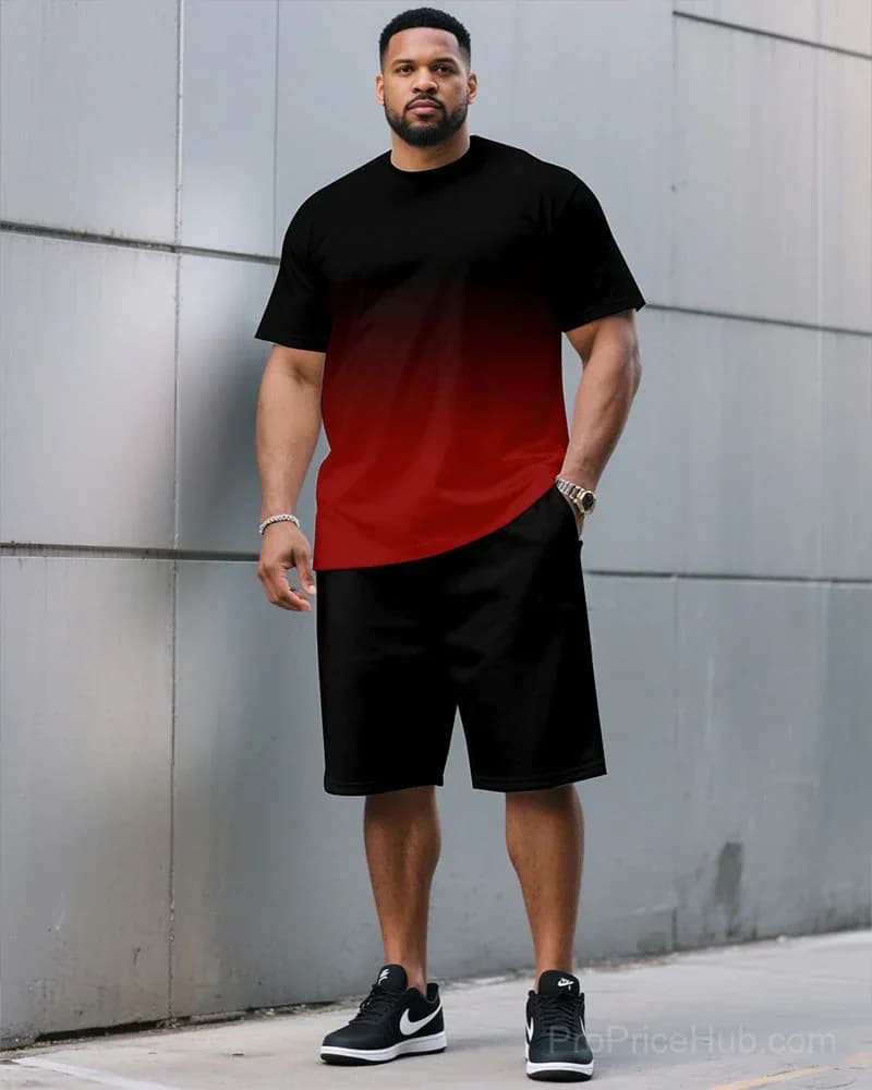 Men's Plus Size Black & Red Gradient T-Shirt and Shorts Set - Main