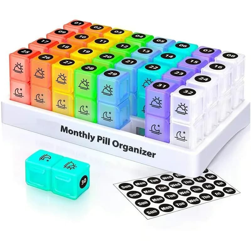 Monthly AM/PM Pill Organizer with Stickers, Multicolor - Main