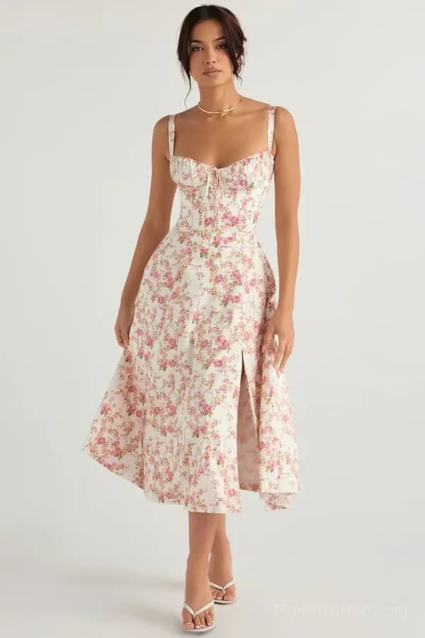 Red Floral Print Bustier Sundress, Size S - View 7