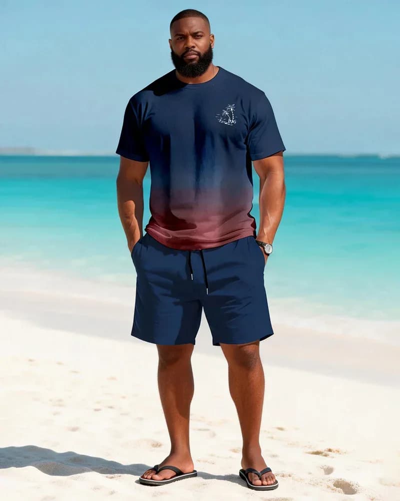Big & Tall Men's Wine Red Gradient Coconut Print Tee & Shorts Set - Alt