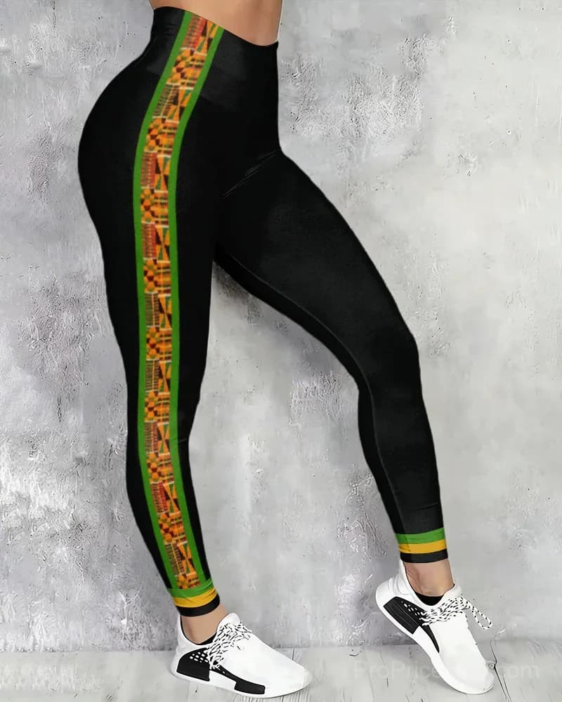 African Geometric Print High-waisted Fitted Stretchy Leggings - Alt