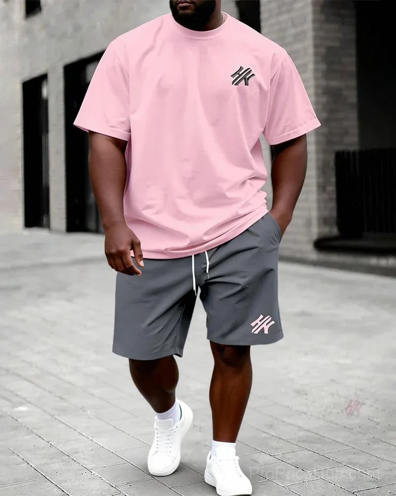 Big & Tall Men's Dark Brown Letter Print T-Shirt & Shorts Set - View 5