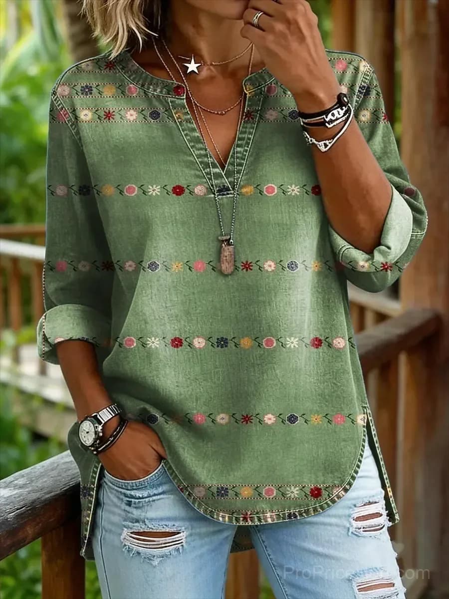 Women's Vintage Floral Washed Cotton Denim V-Neck Shirt - Main